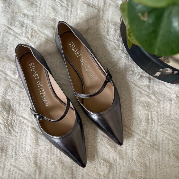Stuart Weitzman Emilia Mary Jane Silver Flats - Picture 1 of 7